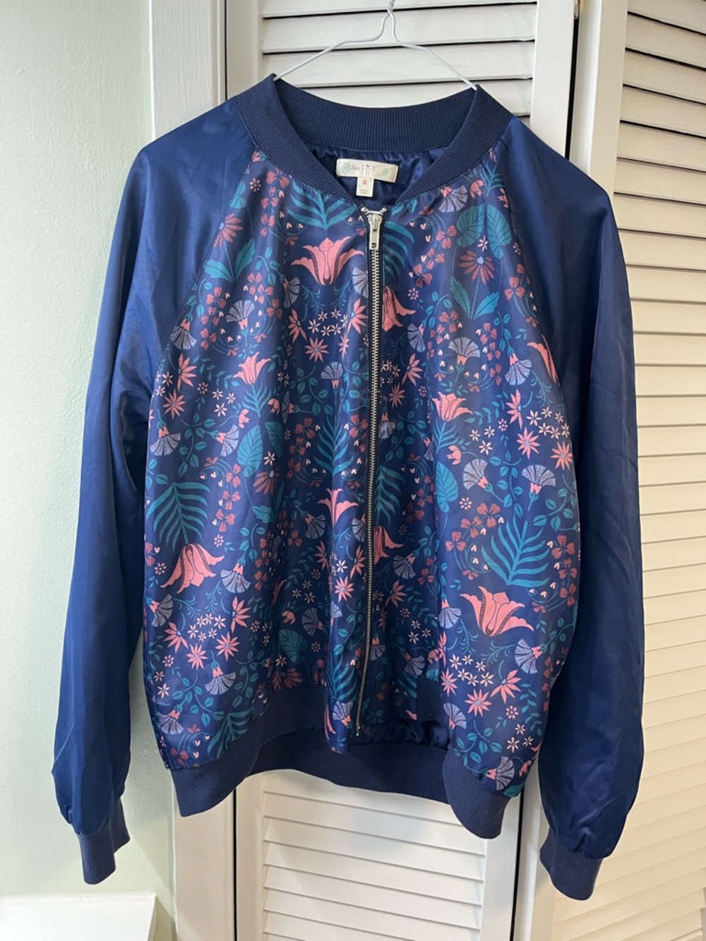 love, Fire Navy Bomber Jacket with Pink Floral Print